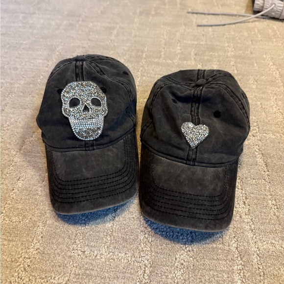 2 Black Baseball Caps with Rhinestone Skull and Heart - Picture 2 of 4